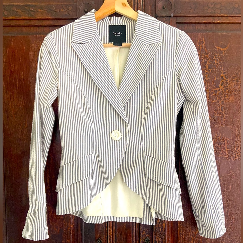 Smythe White and Blue Strip Seersucker Blazer